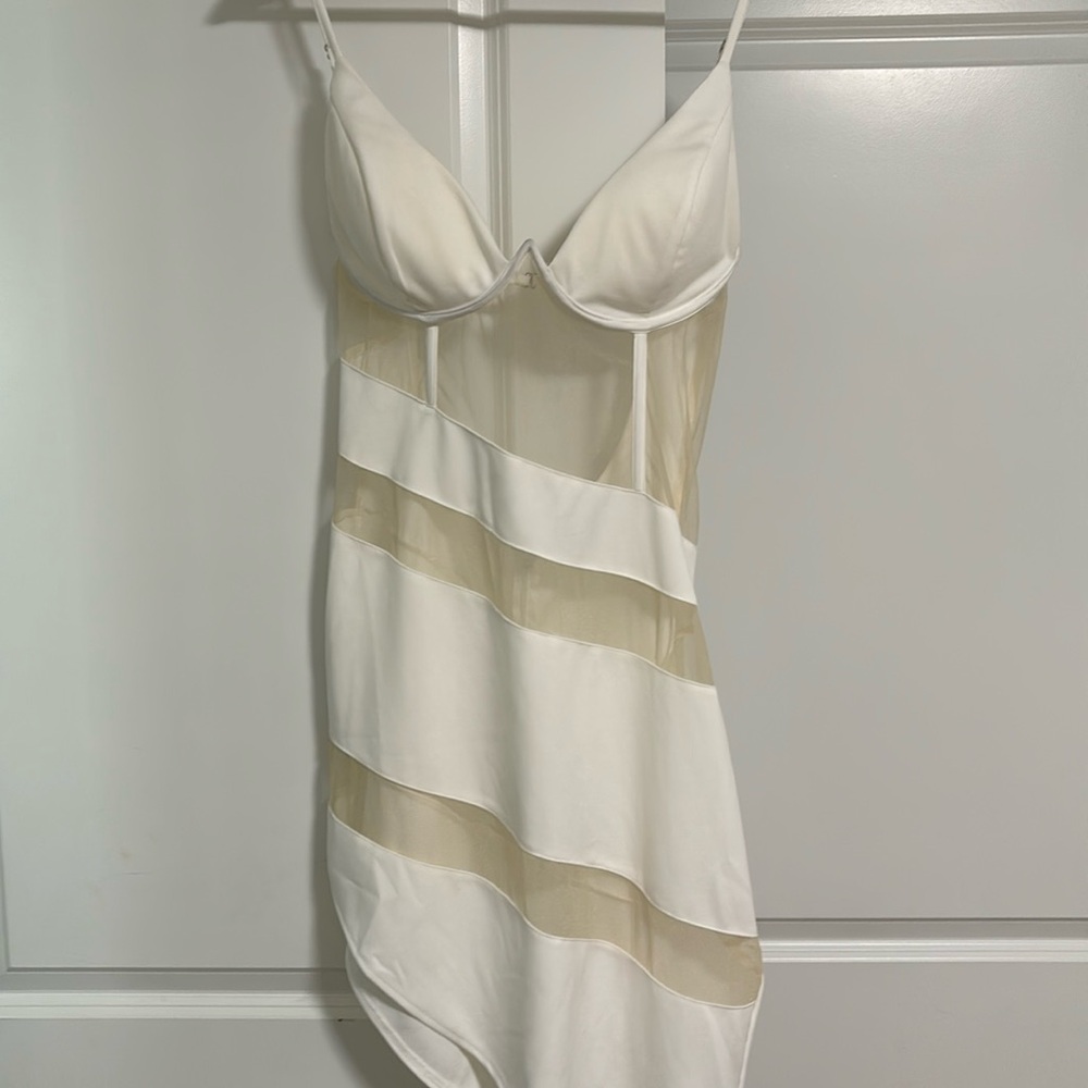 White sheer mesh open back asymmetrical mini dress sexy underwire padded